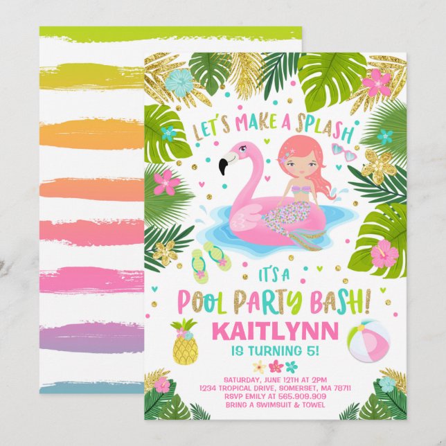 Flamingo & Mermaid Pool Party Invitación Tropical (Anverso / Reverso)