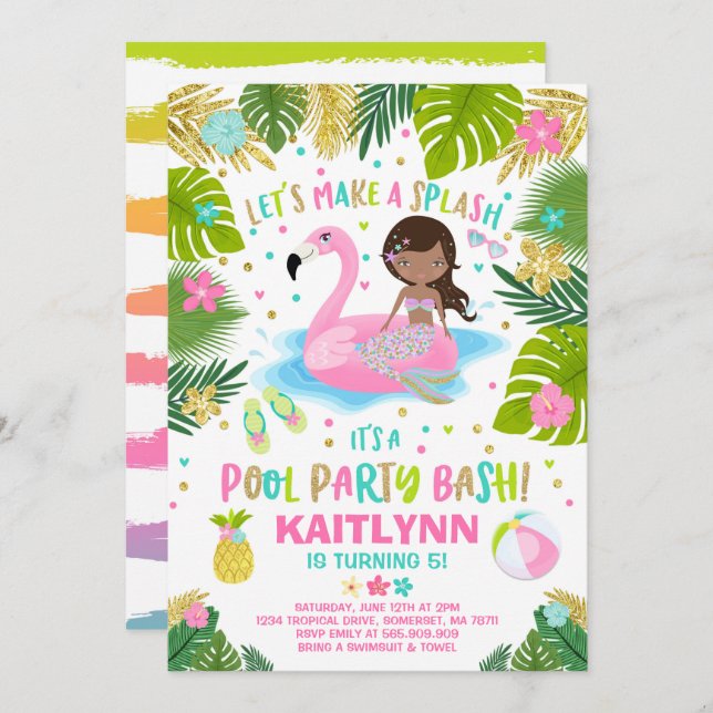 Flamingo & Mermaid Pool Party Invitación Tropical (Anverso / Reverso)