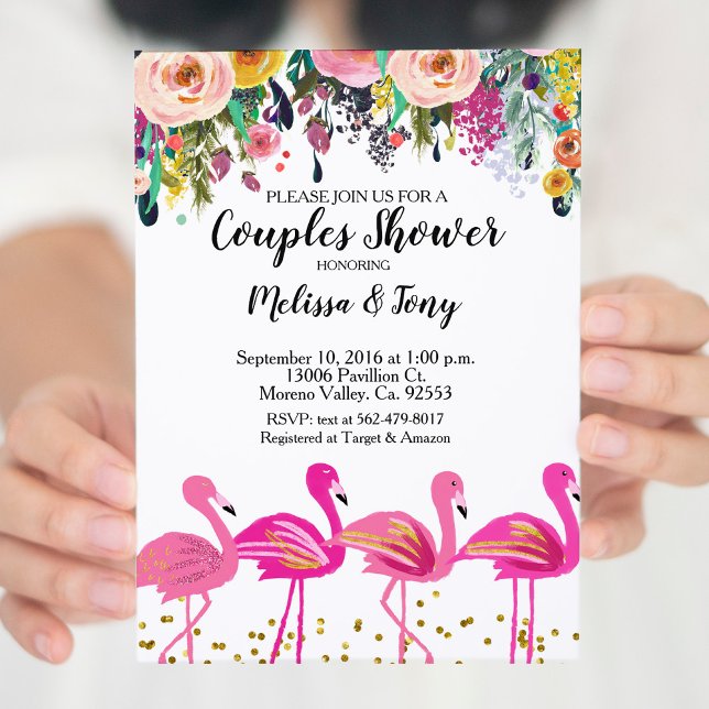 Flamingo Pareja Ducha Invitación Floral (Subido por el creador)