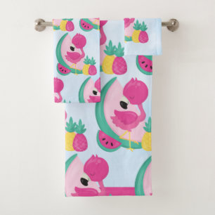 Flamingo rosa con patrón de frutas tropicales