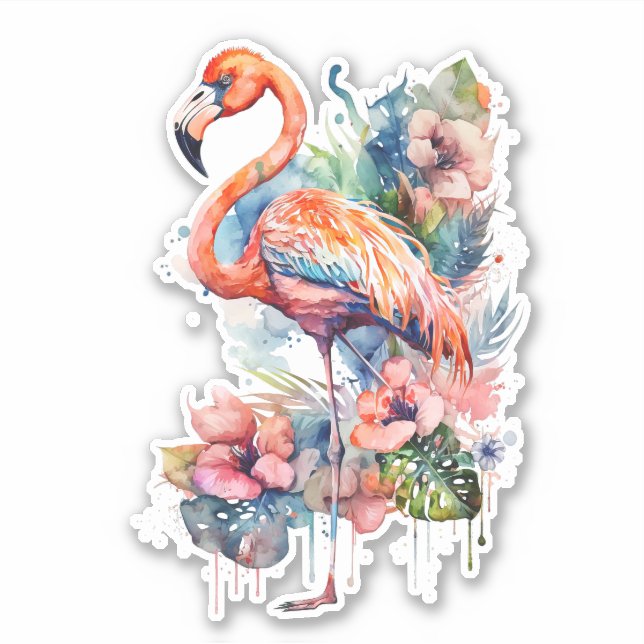 Flamingo rosa con Pegatina de flores (Anverso)