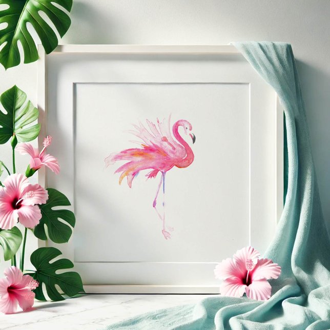 Flamingo rosa de color agua Arte tropical original (Tropical watercolor art for living rooms pink flamingo by Victoria Grigaliunas. Order prints. )
