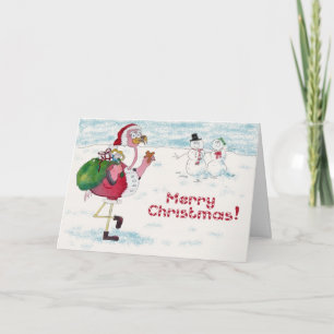 Flamingo rosa Feliz Navidad Snowman Santa Card
