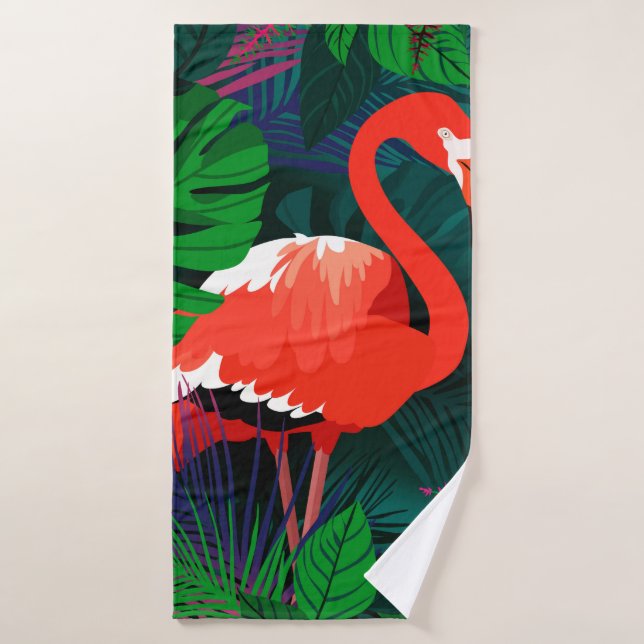 Flamingo rosa. Hojas tropicales, mariposa rosada,  (Toalla de baño)