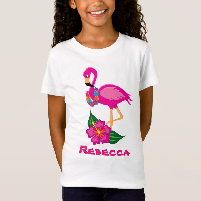 Flamingo rosa lindo añadir nombre chicas camiseta (Anverso)