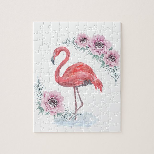 Flamingo rosa, pájaro, acuarela Rompecabezas (Vertical)