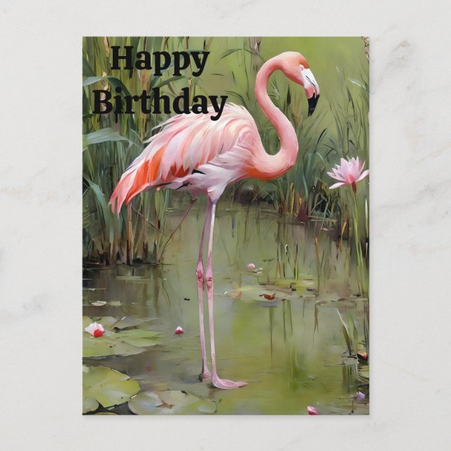 Flamingo Rosa Pintado En Pond, Postales De Cumplea (Anverso)
