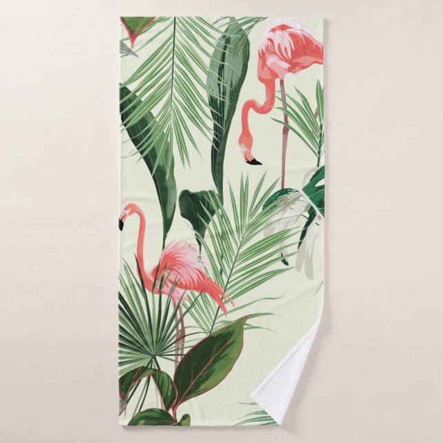 Flamingo rosa y flores exóticas, hojas de palma. F (Toalla de baño)