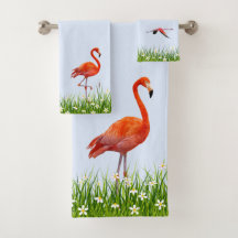 Flamingo rosa y pradera con flores en azul claro
