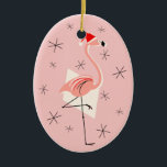 Flamingo Santa Rosa Ornamento oval de texto<br><div class="desc">Un diseño Navidad animado y original con un toque retro con un flamenco rosa con un sombrero Santa, formas geométricas crema y estrellas con un fondo rosa (cambio de color). Un diseño de personalizable para que puedas personalizar con tu propio texto, imágenes e ideas. Imagen original de arte digital creada...</div>