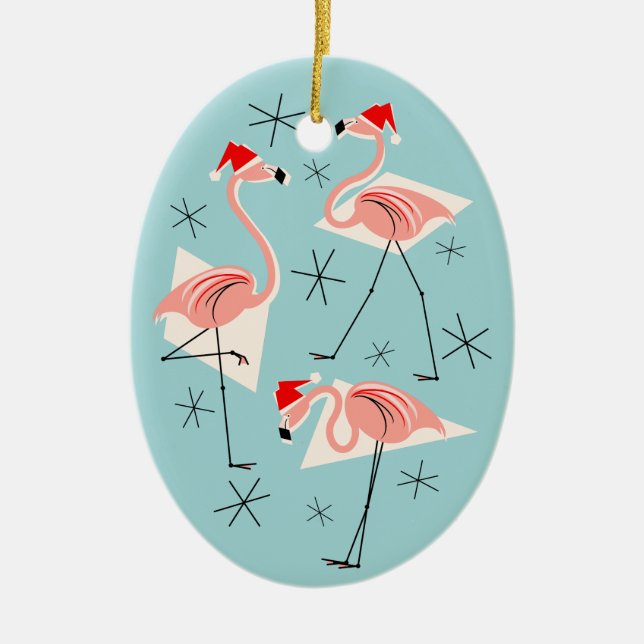 Flamingo Santas Azul Ornamento oval de texto (Frente)