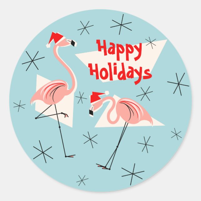 Flamingo Santas Blue Happy Holidays pegatina round (Anverso)