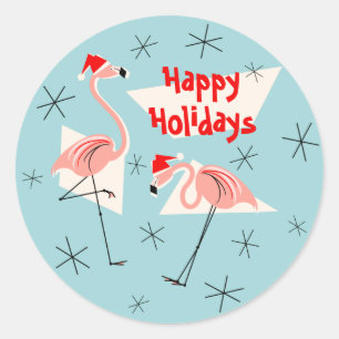 Flamingo Santas Blue Happy Holidays pegatina round