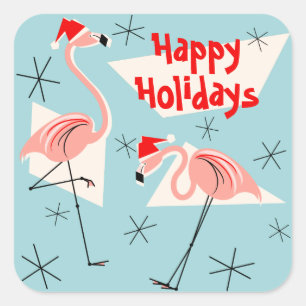 Flamingo Santas Blue Happy Holidays pegatina squar