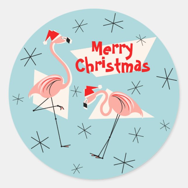 Flamingo Santas Blue Merry pegatina navideño (Anverso)