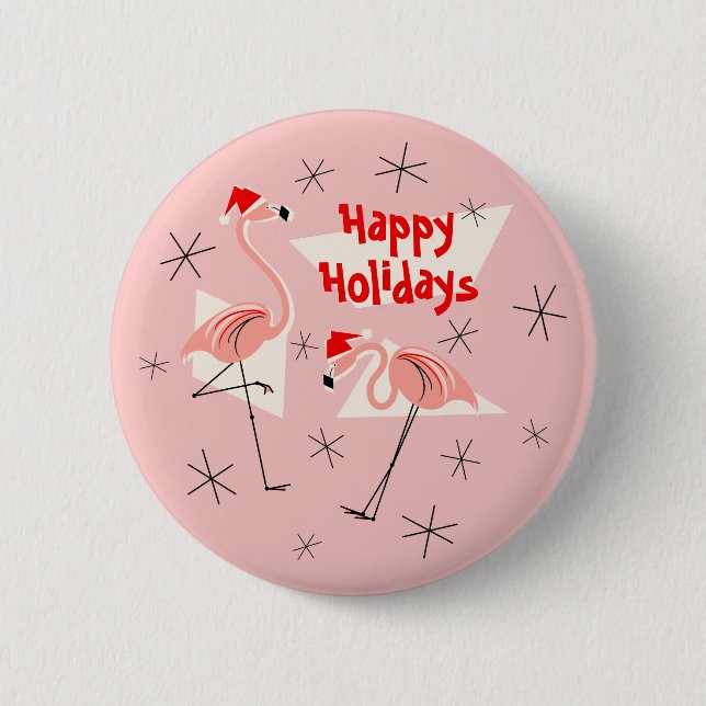 Flamingo Santas botón Pink Happy Holidays (Anverso)