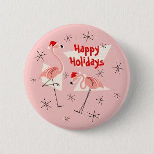 Flamingo Santas botón Pink Happy Holidays