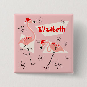 Flamingo Santas cuadrado del botón Nombre rosado