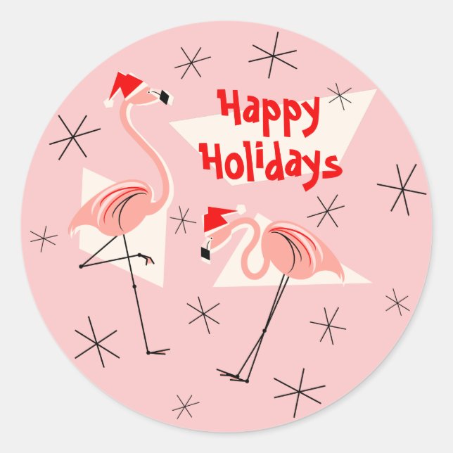 Flamingo Santas pegatina de Fiestas Felices Rosa (Anverso)