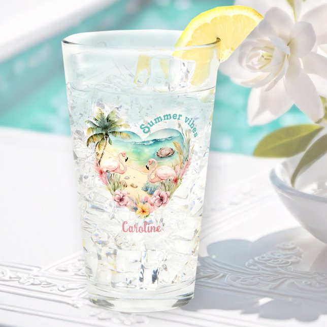 Flamingo Summer Beach Nombre Tropical Hawaii (Flamingo Summer Beach Heart Tropical Hawaii Name Glass)