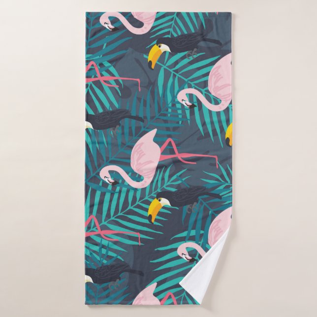 Flamingo, toucano: patrón de hojas tropicales (Toalla de baño)