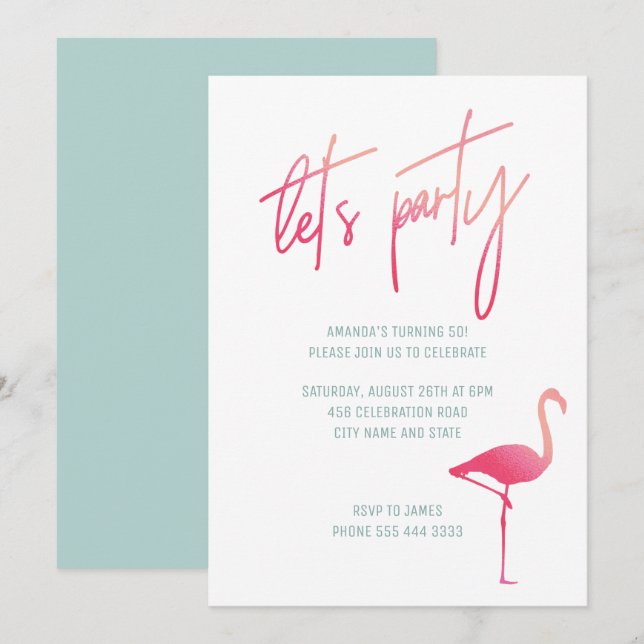 Flamingo tropical Invitación de 50 cumpleaños rosa (Anverso / Reverso)