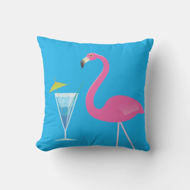 Flamingo y cóctel sobre la almohada azul exterior (Anverso)