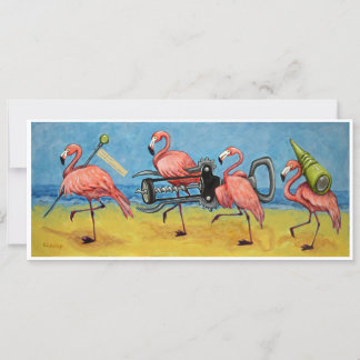 Flamingos con tarjeta de nota de apertura de vino