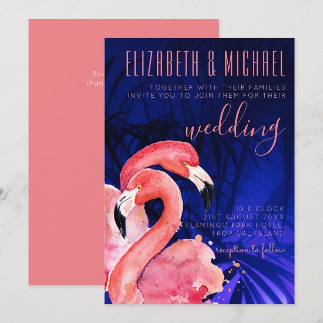 Flamingos tropicales Invitación a la boda Azul ros (Anverso / Reverso)