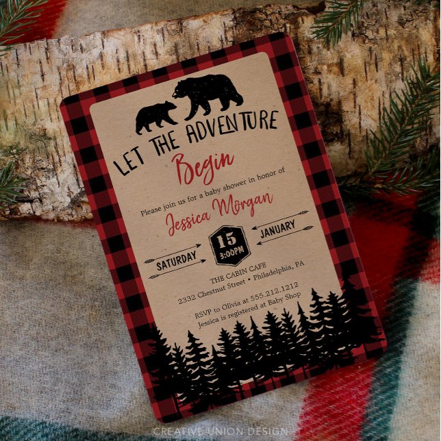 Flannel Adventure Bear Baby Shower Invitaciones (Flannel Baby Shower Invite)