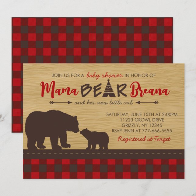 Flannel Mama Bear Baby Shower Invitaciones (Anverso / Reverso)