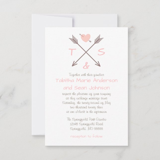 Flechas Corazón Rosa - Invitación de Boda 3x5 (Anverso)