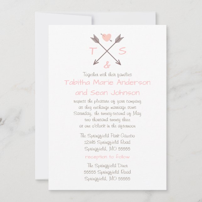 Flechas Corazón Rosa - Invitación de Boda y Recepc (Anverso)