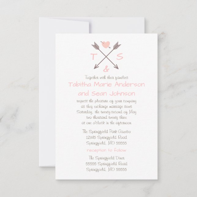Flechas Corazón Rosa - Invitación de Boda y Recepc (Anverso)