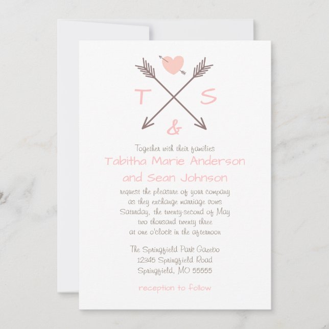 Flechas de corazón rosado - Invitación de boda (Anverso)