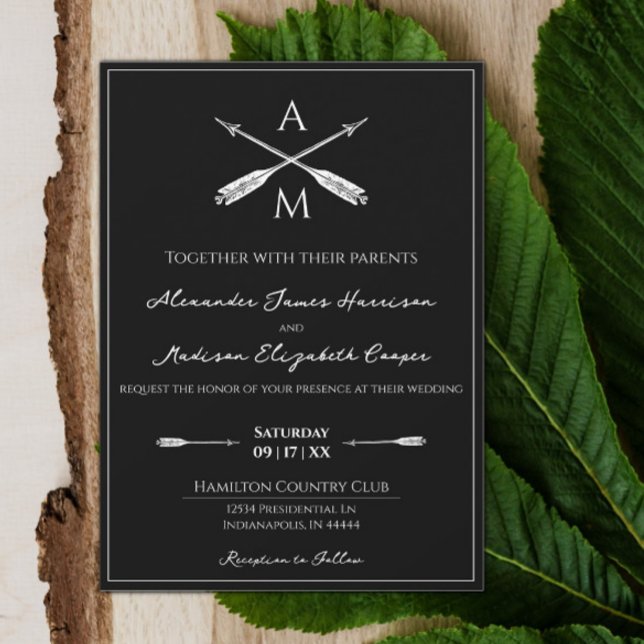 Flechas y monogramas Boda | Invitación negra (Black Arrows and Monograms Wedding Invitation)