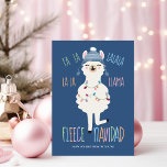 Fleece Navidad Fa La Llama Funny Navidades<br><div class="desc">La graciosa tarjeta de Navidades de animales de granja incluye una llama linda cubierta en un gorra de invierno y luces de Navidad en un fondo azul marino con saludo de Navidad "Fleece Navidad" (en lugar de Feliz Navidad). Arte por KL Stock</div>