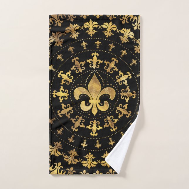 Fleur-de-lis - adorno circular - Oro y negro (Toalla de mano)