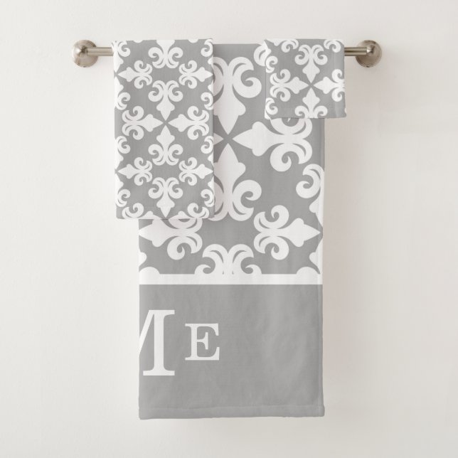 Fleur-de-lis blanco gris monograma | Editable (In situ)