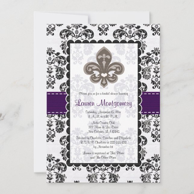 Fleur de Lis Bridal Shower Invitaciones Plum Black (Anverso)