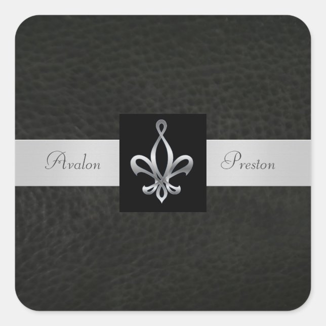 Fleur De Lis Pegatina Boda de Black Leather Square (Anverso)