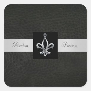 Fleur De Lis Pegatina Boda de Black Leather Square