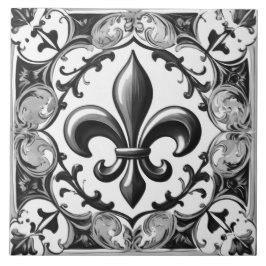 Fleur de Lis Tile - Azulejos cerámicos blancos y n