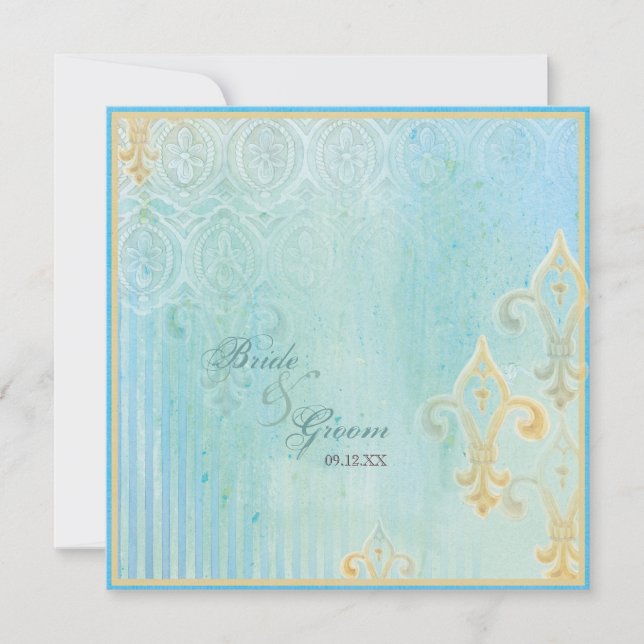 Fleur di Lys Damask 2 Blue - Invitación a la boda (Anverso)