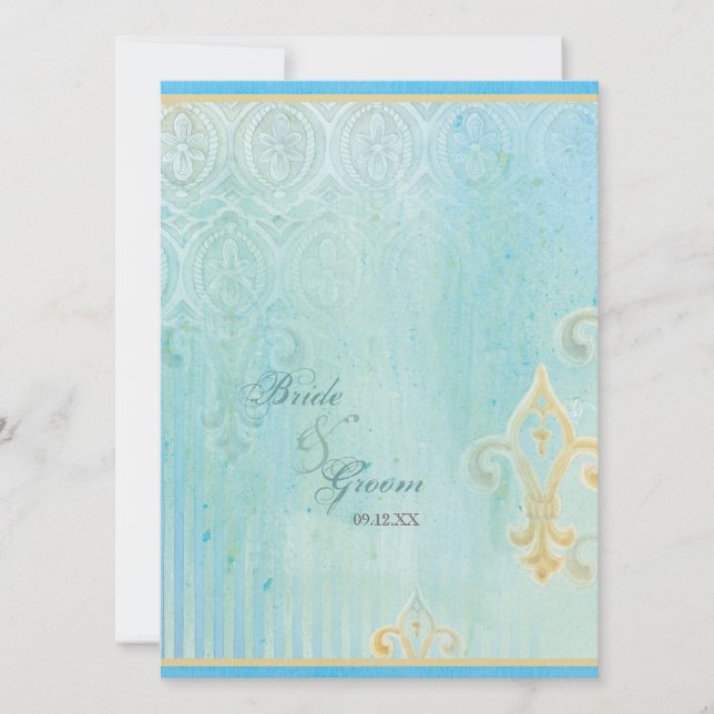 Fleur di Lys Damask 2 Blue - Invitación a la boda (Anverso)