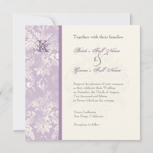 Fleur di Lys Damask - Invitación a la boda Lilac (Anverso)