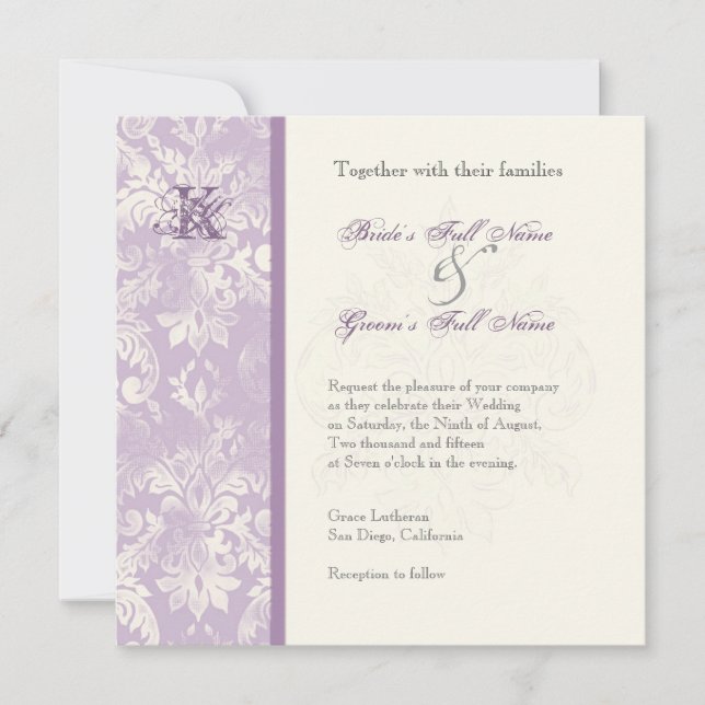 Fleur di Lys Damask - Invitación a la boda Lilac (Anverso)
