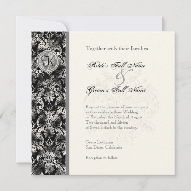 Fleur di Lys Damask - Invitación a la boda negra (Anverso)