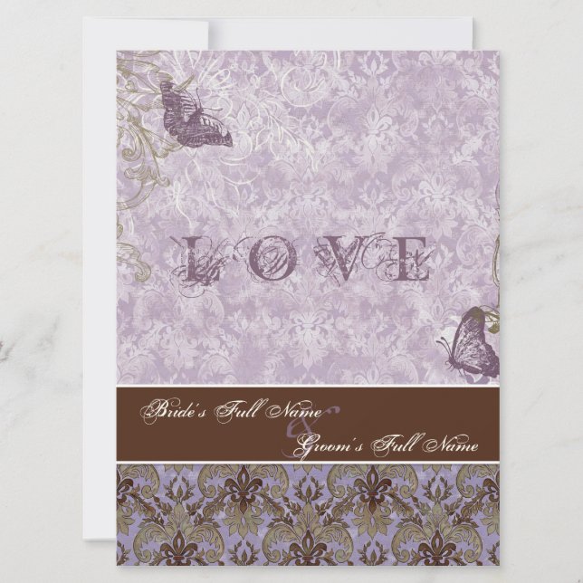 Fleur di Lys Damask - Invitación a la boda púrpura (Anverso)