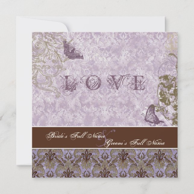 Fleur di Lys Damask - Invitación a la boda púrpura (Anverso)